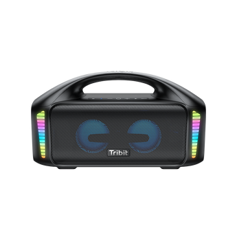 Front of the Tribit StormBox Blast with carry handle and multicolour LED light bars