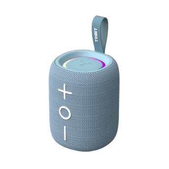 Blue Tribit StormBox Mini+ with strap and lit top ring