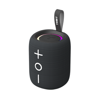 黑色 Tribit StormBox Mini+,有音量掣、發光機頂同掛帶