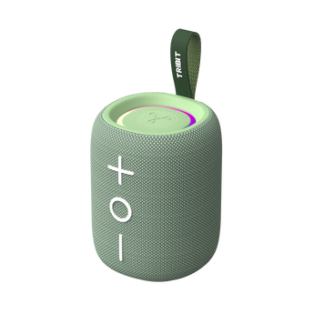 Green Tribit StormBox Mini+ with strap and lit top ring