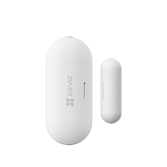 White EZVIZ T2C sensor body with EZVIZ logo beside its smaller magnet piece