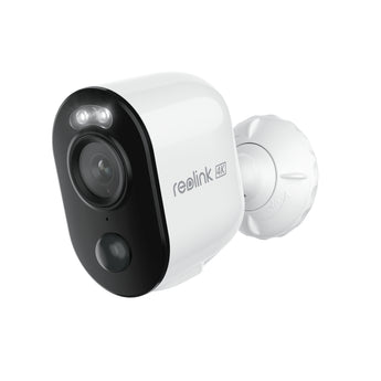 White Reolink Argus 3 Ultra with black front, 4K badge and round wall bracket