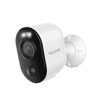 White Reolink Argus 3 Ultra with black front, 4K badge and round wall bracket