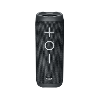 Front of the black Tribit StormBox 2 with large volume and play buttons