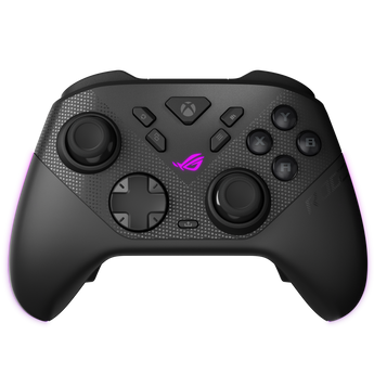 Front view of the black ROG Raikiri II Xbox Wireless controller with lit ROG logo