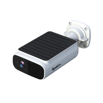 SpotCam Solo Eco 鏡頭,機頂有黑色太陽能板,裝喺白色牆身支架上