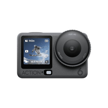 DJI Osmo Action 6 action camera front view showing the variable aperture lens ring