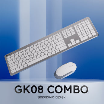 iClever GK08 silver keyboard with white keys and matching white and grey mouse