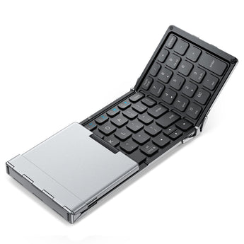 iClever BK09 partly folded, showing black keys, number pad and grey back panel