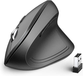 iClever WM-101 black vertical mouse with its USB receiver on a white background
