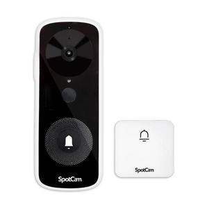 SpotCam Ring 3 video doorbell in black and white next to its small white Wi-Fi chime