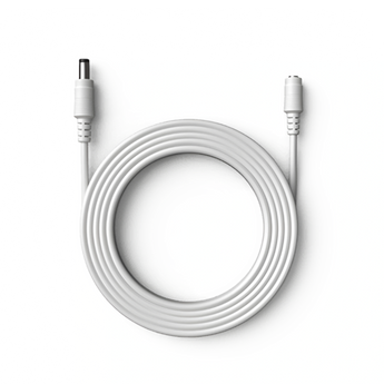Coiled white Reolink power extension cable with a male DC plug and a female DC socket
