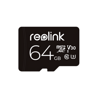 黑色 Reolink 64GB microSDXC 記憶卡,印有 V30 同 U3 標誌
