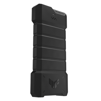 黑色 TUF Gaming A2 SSD 外接盒直立,坑紋膠殼印有 TUF 標誌