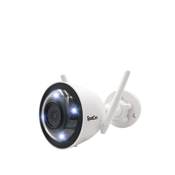 SpotCam MBC1 white outdoor bullet camera with two antennas and lit white LEDs around the lens