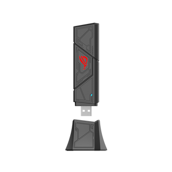 ASUS ROG USB-BE92 dark grey adapter with red ROG logo, USB-A plug and stand below