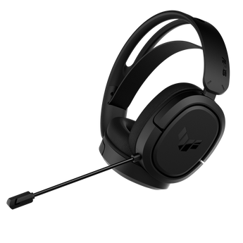 Black TUF Gaming H1 Wireless angled from the front, with boom mic and suspension headband