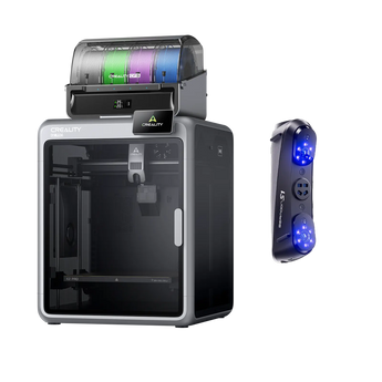 K2 Pro Combo printer with a CFS filament unit beside a blue-lit Sermoon S1 scanner