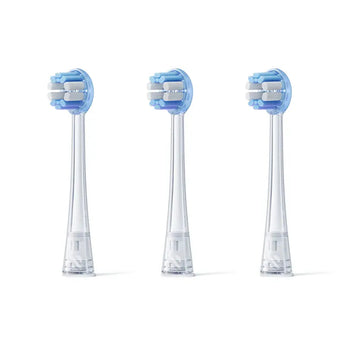 Three RANVOO AirJet II brush heads with light-blue and white bristles