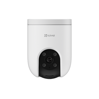White EZVIZ H8c pan-tilt camera, front view, with the lens and four lights in its black window