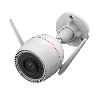 White EZVIZ H3c bullet camera with red trim, two antennas and a round wall mount