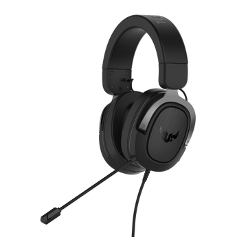 TUF Gaming H3 in Gun Metal, angled front view with boom mic and cable