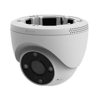 White EZVIZ H4 PoE turret camera seen from below, showing the lens, two spotlights and IR lights