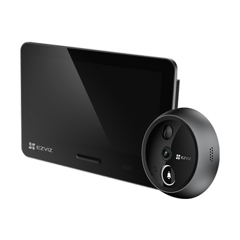 Grey EZVIZ EP4 with black indoor touch screen and dark grey round peephole camera with bell button