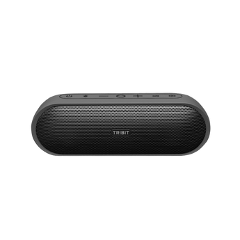 Tribit XSound Plus 2 in black, front view of the pill-shaped speaker with mesh grille