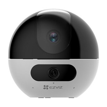 EZVIZ C7 Dual front view: black dome with upper pan-tilt lens above a white base with a second fixed lens