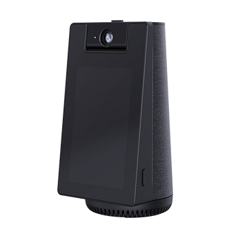 EZVIZ S10 in black, angled front view showing the touch screen, top camera and fabric-wrapped side