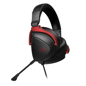 ROG Delta S Core in black with red trim, angled view with boom mic and cable