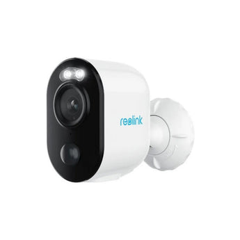 White Reolink Argus 3E camera with black front, two spotlights and round wall bracket