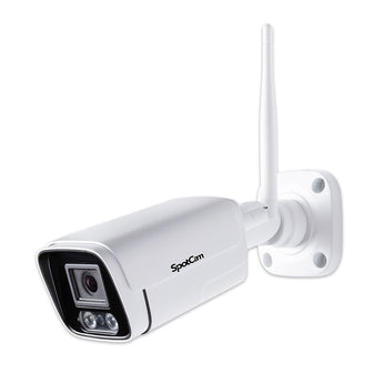 White SpotCam BC1 bullet camera with wall bracket and antenna