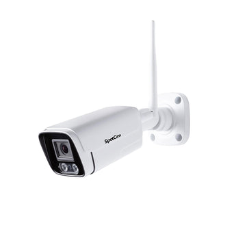 White SpotCam BC1 bullet camera with wall bracket and antenna