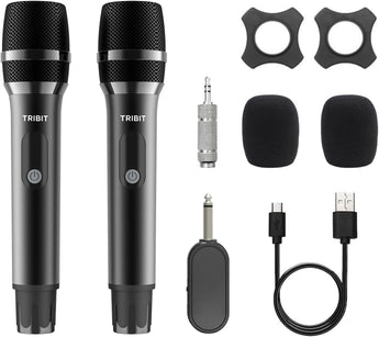 Two black Tribit wireless microphones with receiver, 3.5 mm adapter, foam covers, anti-slip rings and USB cable