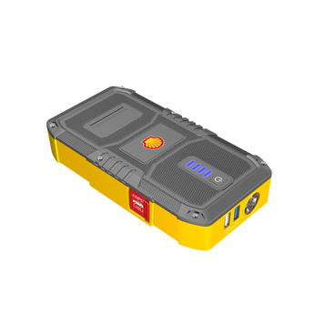 Shell SJP011 jump starter with grey ribbed top, yellow base, blue battery lights and USB ports