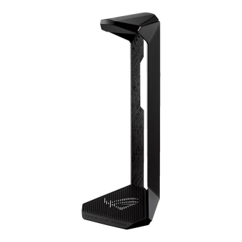 Black ROG Throne II Core stand viewed from the front left, showing the text-pattern upright and ROG logo base