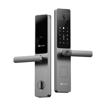 EZVIZ DL20FVS Plus in grey: indoor panel with lever on the left, outdoor camera, keypad and fingerprint lever on the right