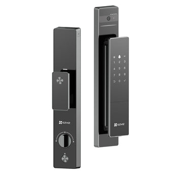 EZVIZ DL50FVS Plus in dark grey: indoor panel with thumb-turn on the left, outdoor camera and keypad panel on the right