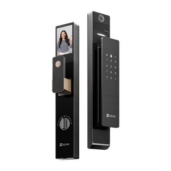 EZVIZ DL50FVX front and rear panels in dark grey: indoor screen panel on the left, camera and keypad panel on the right