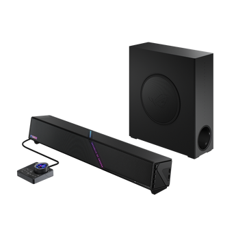 ROG Gjallar soundbar with wireless subwoofer and cabled LCD control hub