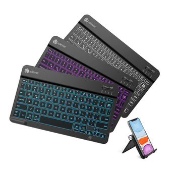 Three iClever BK04 keyboards lit in teal, purple and white, with a phone on a folding stand