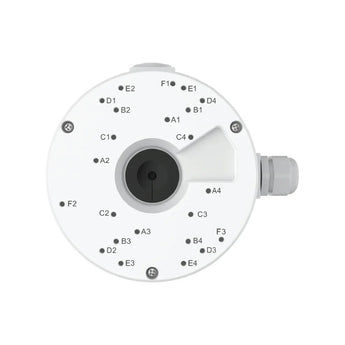 White round Reolink Junction Box D20 with hole positions A to F and a side cable gland