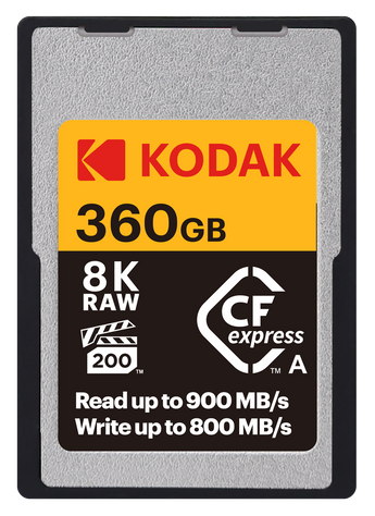 Kodak CFexpress Type A 360GB card with 8K RAW and VPG 200 marks, read 900MB/s and write 800MB/s