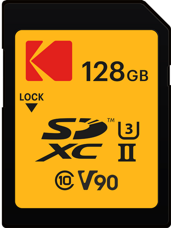 Yellow and black Kodak 128GB SDXC UHS-II card marked U3, Class 10 and V90
