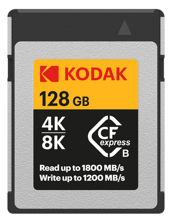 Grey Kodak CFexpress Type B 128GB card, label reads read up to 1800MB/s and write up to 1200MB/s