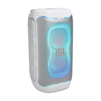 JBL PartyBox 130 portable party speaker in white with the lightshow running