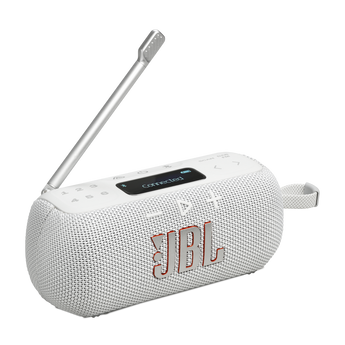 JBL Tuner 3 portable radio and Bluetooth speaker in white with LCD display and preset buttons