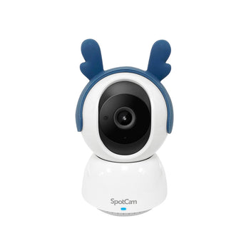 SpotCam Mibo white pan-tilt pet camera with navy deer-antler headband, front view